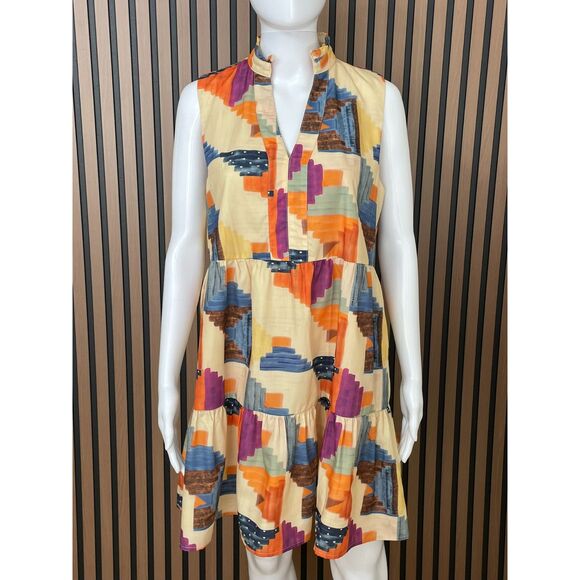THML Women's Dress Fit & Flare S Tiered Mini Summer Beach Boho Geometric Brown - Picture 1 of 10